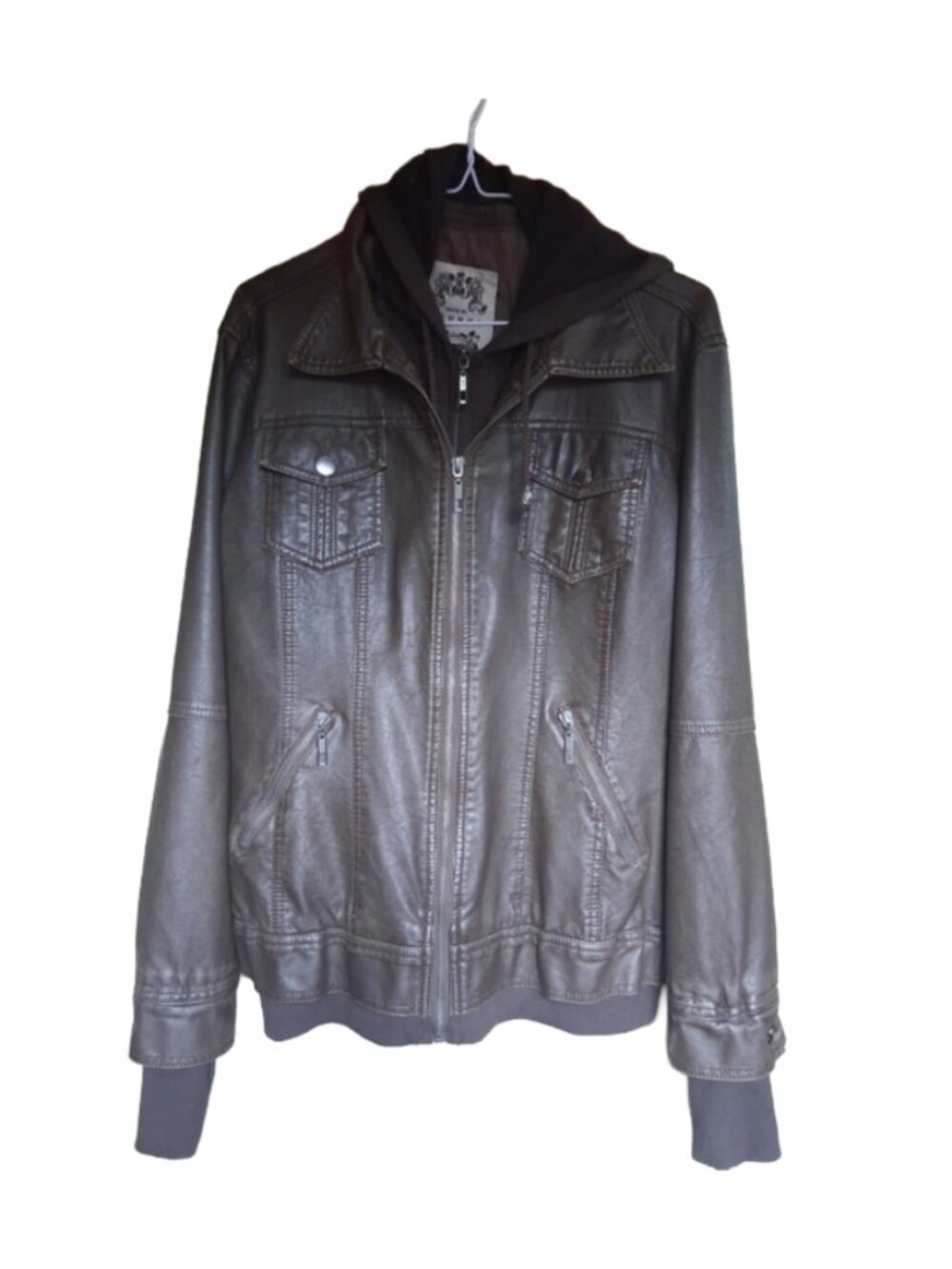 Made By Johnny Men's Brown Faux Leather Zip Jacket with Hood